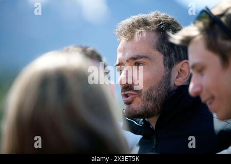 Villeneuve la Salle, Francia. 24 aprile 2024. Ritratto di Cyprien Sarrazin durante la conferenza stampa, Francia, Hautes-Alpes, Briancon, 24 aprile, 2024. la futura commissione ospitante del Comitato Olimpico Internazionale (CIO) visita le infrastrutture che dovrebbero ospitare gli eventi di freestyle e snowboard a Serre-Chevalier. Foto di Thibaut Durand/ABACAPRESS.COM credito: Abaca Press/Alamy Live News Foto Stock