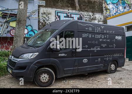 LISBONA, PORTOGALLO - 6 APRILE 2024: Divertente galleria d'arte urbana, con un'auto su cui vengono disegnate formule matematiche. Simboleggia l'educazione scolastica portata avanti Foto Stock