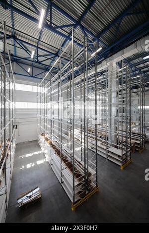 Magazzino moderno con molti scaffali - grande sala nel centro di smistamento Foto Stock