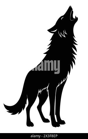 Design vettoriale della silhouette di Wolf nero ululato isolato su sfondo bianco Illustrazione Vettoriale