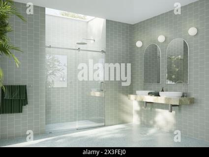 Interni di un bagno moderno con piastrelle in marmo e pareti architettoniche coperte. Foto Stock