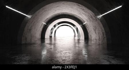Tunnel scuro con luce alla fine dell'illustrazione di rendering 3d. Foto Stock