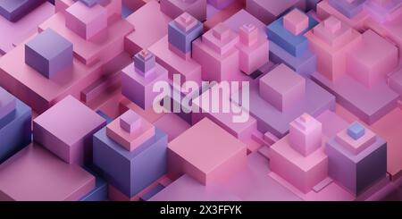 Illustrazione di rendering 3d con composizione di cubi rosa e viola astratti Foto Stock