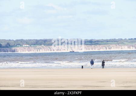 Gli amanti dei cani si recano in spiaggia per godersi il sole, Fraisthorpe Beach, East Yorkshire, Regno Unito. Sfondo: Scogliere su Bridlington Beach. Foto Stock