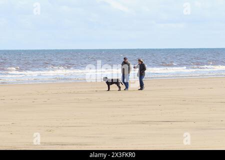 Gli amanti dei cani si recano in spiaggia per godersi il sole, Fraisthorpe Beach, East Yorkshire, Regno Unito Foto Stock