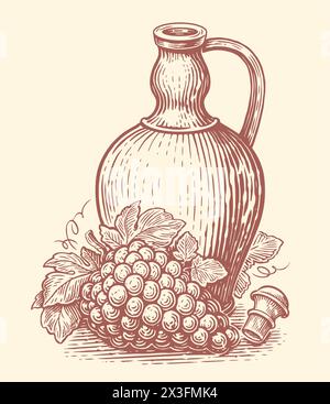 Caraffa di argilla con vino e grappoli d'uva. Vinificazione, bozzetto della cantina. Illustrazione vettoriale vintage disegnata a mano Illustrazione Vettoriale