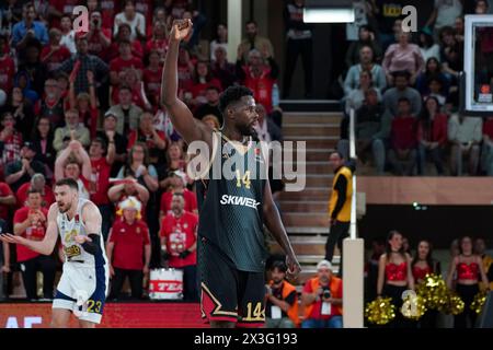 Monaco. 26 aprile 2024. Il giocatore di Monaco Mam Jaiteh in azione durante l'Euroleague Playoff COME Monaco e Fenerbahce Beko Istanbul alla Salle Gaston Medecin di Monaco il 26 aprile 2024 Foto Stock