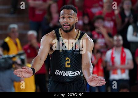 Monaco. 26 aprile 2024. Il giocatore di Monaco Elie Okobo in azione durante l'Euroleague Playoff COME Monaco e Fenerbahce Beko Istanbul alla Salle Gaston Medecin di Monaco il 26 aprile 2024 Foto Stock