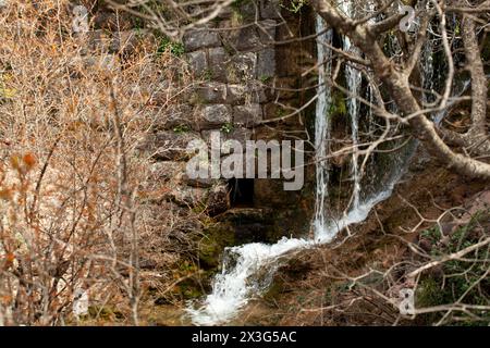 Primo piano di una piccola cascata di splendida natura in Montenegro. Vista attraverso gli alberi. Orizzontale. Per il testo Foto Stock
