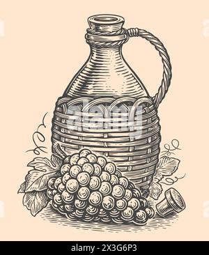 Vaso di vino con ramoscello d'uva. Illustrazione vettoriale disegnata a mano in stile incisione vintage Illustrazione Vettoriale