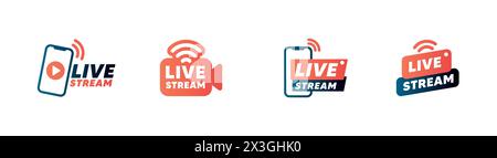 Set di icone per lo streaming live e la trasmissione video. Schermo smartphone per trasmissioni online, servizio di streaming.1 Illustrazione Vettoriale