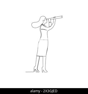 Donna d'affari che guarda attraverso Spyglass. Disegno a linea continua. Illustrazione vettoriale Illustrazione Vettoriale