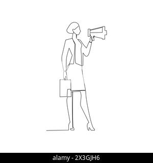 Disegno continuo di una donna d'affari con megafono. Stile disegnato a mano nella comunicazione nel design dell'illustrazione vettoriale del concetto aziendale Illustrazione Vettoriale
