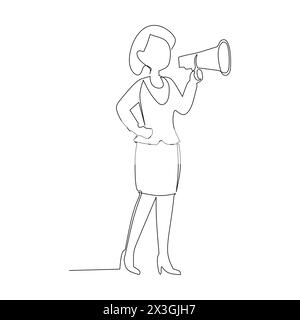 disegno continuo di donna con megafono. Illustrazione vettoriale per la pubblicità in ambito aziendale. Illustrazione Vettoriale