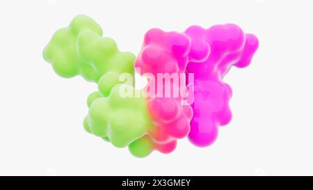 Illustrazione della struttura di una molecola di degradazione proteica mirata, come una chimera mirata alla proteolisi (PROTAC). I depuratori proteici mirati sono piccole molecole costituite da due ligandi (verde e viola) Uniti da un linker (rosso). Un ligando recluta una proteina di interesse, mentre l'altro recluta una molecola proteica di ligasi, che porta all'ubiquitilazione e alla successiva degradazione della proteina di interesse. Foto Stock