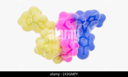 Illustrazione della struttura di una molecola di degradazione proteica mirata, come una chimera mirata alla proteolisi (PROTAC). I depuratori proteici mirati sono piccole molecole costituite da due ligandi (giallo e viola) Uniti da un linker (rosa). Un ligando recluta una proteina di interesse, mentre l'altro recluta una molecola proteica di ligasi, che porta all'ubiquitilazione e alla successiva degradazione della proteina di interesse. Foto Stock