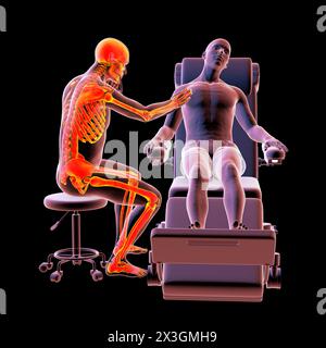 Illustrazione che raffigura un operatore sanitario con uno scheletro evidenziato, che simboleggia i disturbi scheletrici associati alla professione sanitaria. Foto Stock