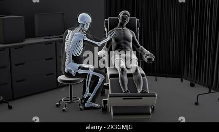 Illustrazione che raffigura un operatore sanitario con uno scheletro evidenziato, che simboleggia i disturbi scheletrici associati alla professione sanitaria. Foto Stock