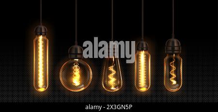 Lampadina vintage appesa al soffitto. Lampada edison marrone scuro con filamento elettrico incandescente e lampadina in vetro di forma diversa. 3d ve realistico Illustrazione Vettoriale