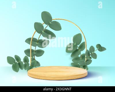 Podio in legno di prodotti cilindrici con rami di foglie verdi e decorazioni ad arco in camera con pareti e pavimento color turchese pastello. Mockup 3d vettoriale realistico Illustrazione Vettoriale