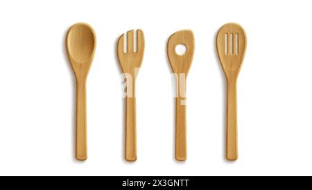 Set 3D di utensili da cucina in legno isolati su sfondo bianco. Illustrazione vettoriale realistica di cucchiaio giallo e spatola, stoviglie riutilizzabili di Illustrazione Vettoriale