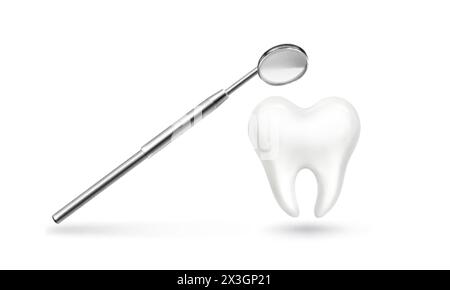 Dente bianco e strumento dentista. Illustrazione vettoriale 3d realistica di molari sani e chiari con specchio medico per il concetto di odontoiatria e ortodonzia. Orale Illustrazione Vettoriale