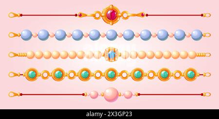 Bracciale con perline o accessorio per gioielli da ragazza con collana. Gioielli isolati a mano con design a ciondolo rosso. Cordoncino di perle e perline di moda cartoni animati principessa Illustrazione Vettoriale