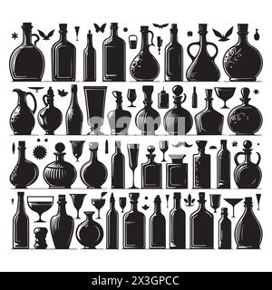Set sagoma nera di vari flaconi, illustrazione vettoriale Illustrazione Vettoriale