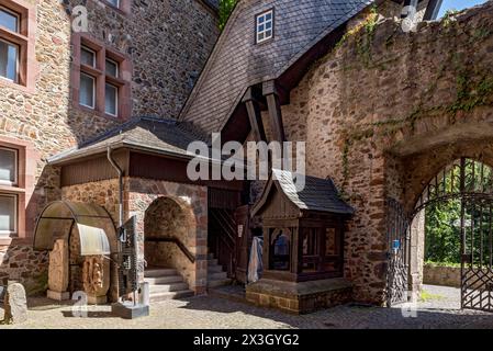 Antico castello neorinascimentale, cortile con fontana e scalinata per l'Heidenturm, Torre dei ladri, ex fortezza del castello medievale fortificato Foto Stock