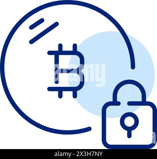 Blocco della catena di bloccaggio. Moneta e lucchetto Bitcoin. Sicurezza crittografica fornita dalla tecnologia blockchain. Icona Pixel Perfect Illustrazione Vettoriale