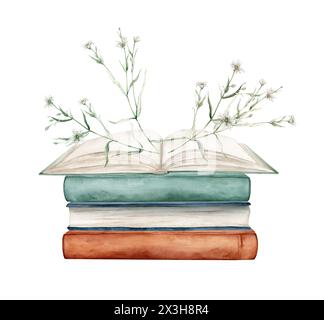 Set di libri con piante fiori illustrazione acquerello isolata su sfondo bianco. Libri aperti di colore marrone/verde. Pila di libri clipart. Vintage Foto Stock