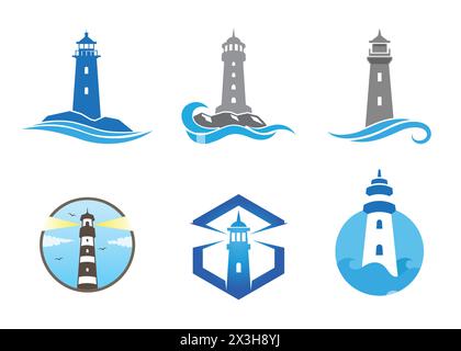 Illustrazione del simbolo vettoriale con logo Creative Lighthouse Towers Collection Illustrazione Vettoriale