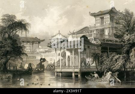 Casa di un commerciante cinese, Canton / Guangzhou Guangdong Cina / disegnata da T.. Allom inciso da W.H.Capone Foto Stock