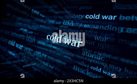 La guerra fredda e la corsa agli armamenti sono le prime notizie sui media internazionali. Concetto astratto di titoli di notizie su display rumorosi. Illustrazione 3d con effetto glitch TV. Foto Stock