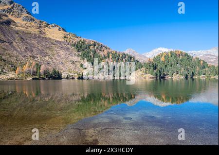 Splendida vista sul lago Cavloc vicino al passo Maloja in Svizzera. Foto Stock