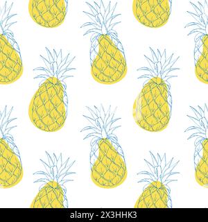 Motivo estivo con contorno blu ananas disegnato a mano su sfondo di macchie gialle. . Illustrazione vettoriale Illustrazione Vettoriale