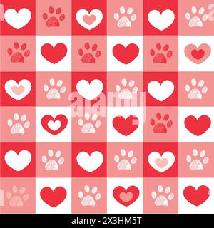 Cuori e zampe rossi e bianchi a quadri Illustrazione Vettoriale