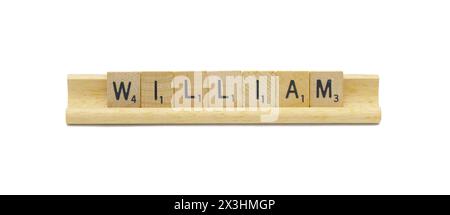 Miami, Florida 4-18-24 famoso bambino nome di WILLIAM realizzato con piastrelle di legno quadrate lettere dell'alfabeto inglese con colore naturale e venatura su un legno Foto Stock