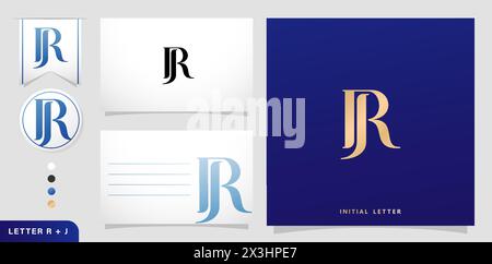 Un set di biglietti da visita con i logo Letter RJ, Luxury Initial Letters R and J in colore blu per campagne pubblicitarie di branding e stampa letteraria Illustrazione Vettoriale