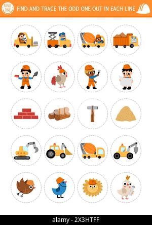 Trova quello strano. Attività logica in cantiere per bambini. Foglio di lavoro del quiz didattico Building Works per le competenze di attenzione. Gioco stampabile con Illustrazione Vettoriale