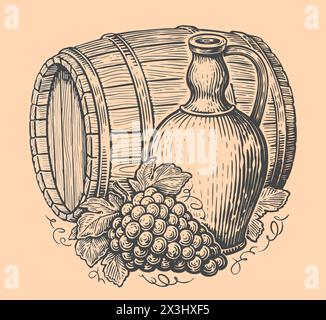 Concetto di vino e bevanda. Caraffa, grappolo di uva e botte di legno. Schizzo di illustrazione vettoriale vintage Illustrazione Vettoriale