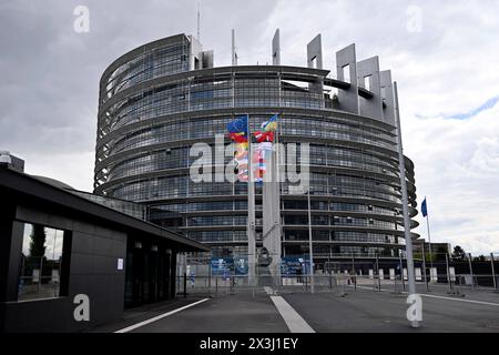 Flaggen der EU-Staaten und der Ukraine sowie die EU-Flagge wehen vor dem EU-Parlament a Straßburg. Straßburg, 25.04.2024 Grand Est Frankreich *** Bandiere degli stati membri dell'UE e dell'Ucraina, nonché la bandiera dell'UE sventolano davanti al Parlamento europeo a Strasburgo, 25 04 2024 Grand Est France Copyright: XDwixAnoraganingrumx Foto Stock