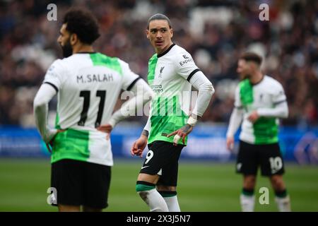 LONDRA, Regno Unito - 27 aprile 2024: Darwin Nunez del Liverpool reagisce durante la partita di Premier League tra il West Ham United FC e il Liverpool FC al London Stadium (credito: Craig Mercer/ Alamy Live News) Foto Stock