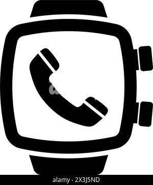 Un'icona in bianco e nero che raffigura uno smartwatch semplificato con il simbolo del telefono, che rappresenta comunicazioni, connettività e accesso remoto Illustrazione Vettoriale