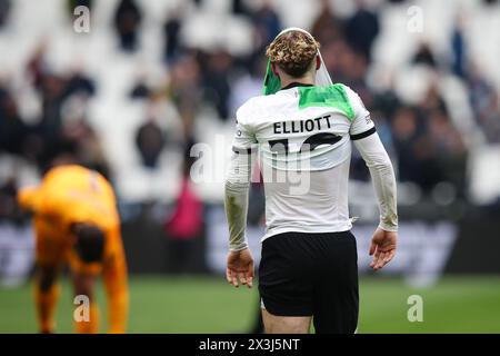 LONDRA, Regno Unito - 27 aprile 2024: Harvey Elliott del Liverpool reagisce dopo la partita di Premier League tra il West Ham United FC e il Liverpool FC al London Stadium (credito: Craig Mercer/ Alamy Live News) Foto Stock