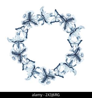 Corona floreale con eleganti fiori di Iris blu. Illustrazione ad acquerello disegnata a mano isolata su sfondo bianco. Cornice rotonda monocromatica Indigo per fashi Foto Stock