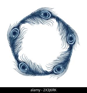 La corona di piume di pavone. Illustrazione ad acquerello disegnata a mano isolata su sfondo bianco. Simbolo di bellezza e ricchezza monocromatico Indigo Blue. Telaio rotondo Foto Stock