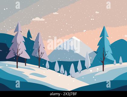 Illustrazione vettoriale del paesaggio invernale con montagne e pini Illustrazione Vettoriale