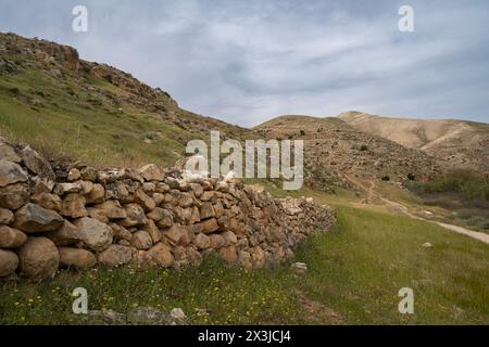 Un antico muro di pietra e sentieri sulle colline che circondano il torrente Prat in primavera. Foto Stock