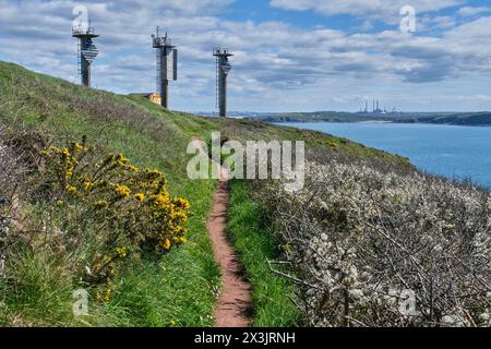 Spedizione di fari a Milford Haven vista dal Pembrokeshire Coast Path a Mill Bay, St Ann's Head, Pembrokeshire, Galles Foto Stock